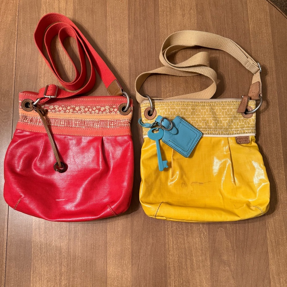Two Fossil Coated Canvas Bags-Orange and Yellow Key-Per